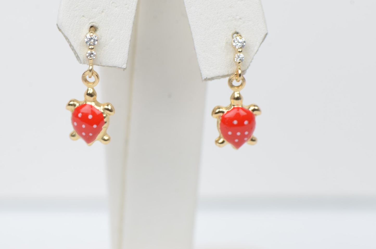 14K Solid Yellow Gold Turtle Enamel Dangle Screw Back Baby Earrings