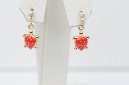14K Solid Yellow Gold Turtle Enamel Dangle Screw Back Baby Earrings