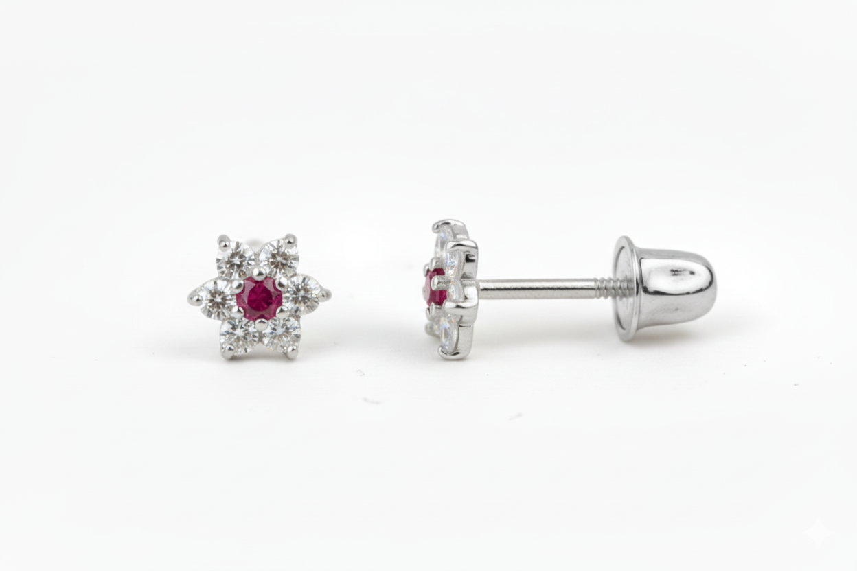 14K White Gold Classic Flower CZ  Stud Earrings for Women