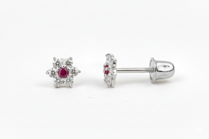 14K White Gold Classic Flower CZ  Stud Earrings for Women