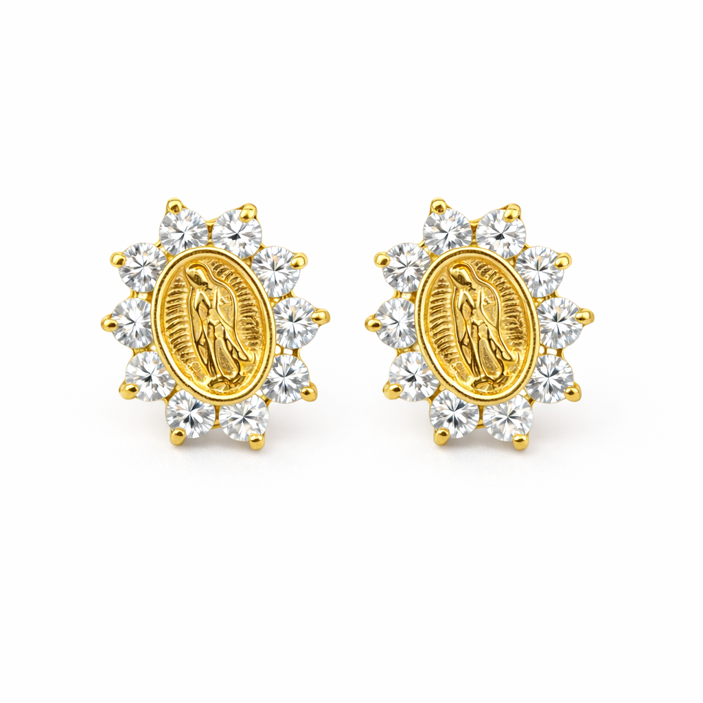 14K Solid Yellow Gold Guadalupe Virgin Mary Screw Back CZ Stud Earrings