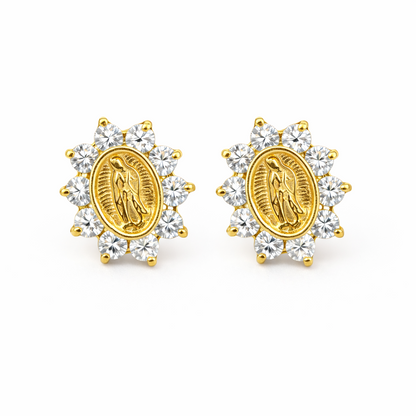 14K Solid Yellow Gold Guadalupe Virgin Mary Screw Back CZ Stud Earrings
