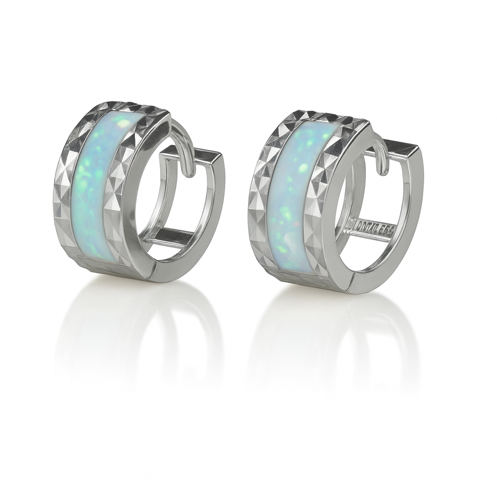 14k White Gold Light Blue Opal Huggie Hoop Earrings