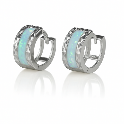 14k White Gold Light Blue Opal Huggie Hoop Earrings