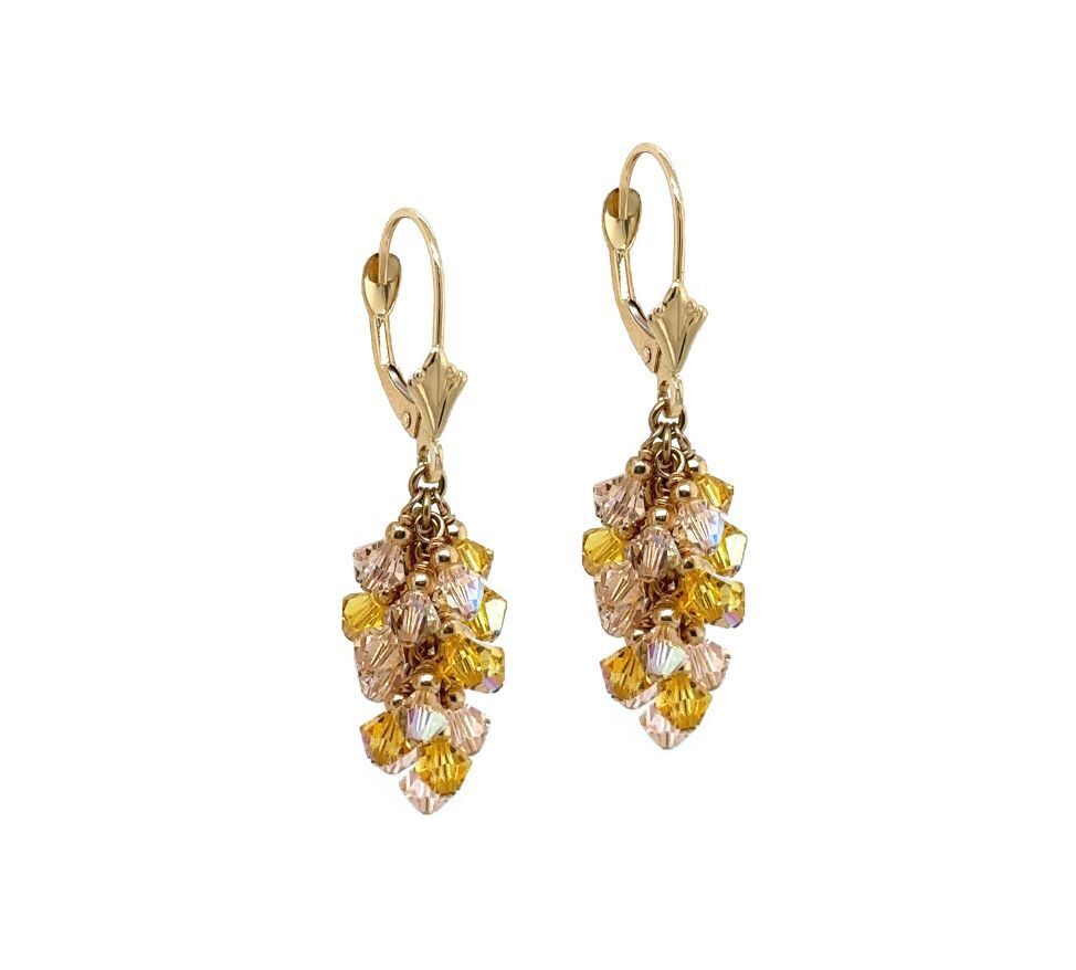 14k Yellow Gold Dangle Grape Leverback Earrings Made with Crystal from Swarovski