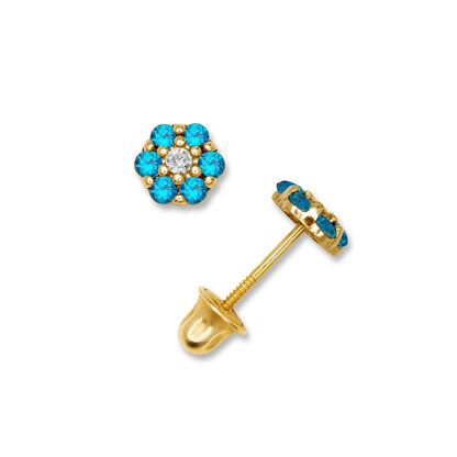 14K Yellow & White Gold Beautiful CZ Flower Stud Earrings for  Girls