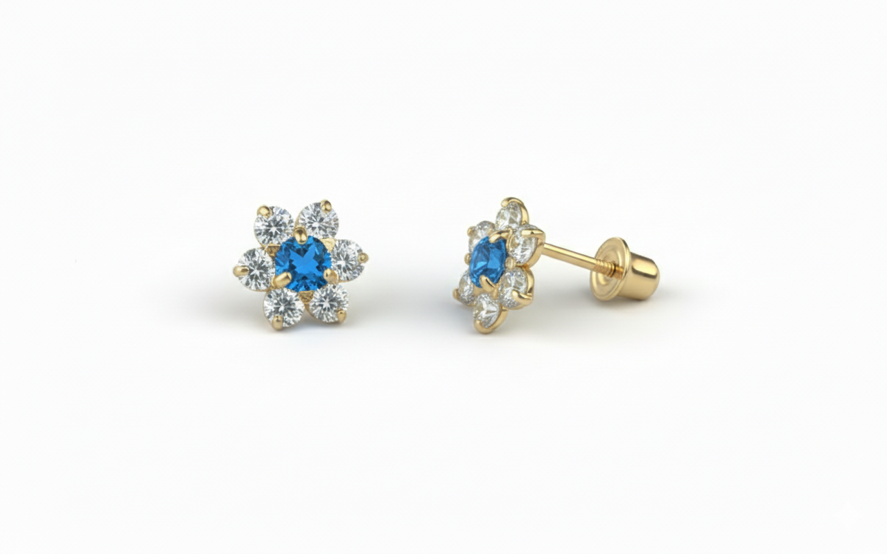 14K Yellow Gold Beautiful Flower CZ Stud Earrings for Women