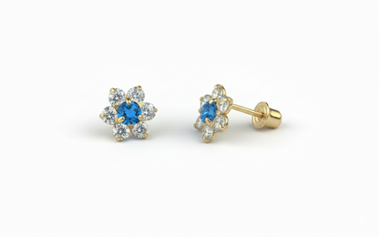 14K Yellow Gold Beautiful Flower CZ Stud Earrings for Women
