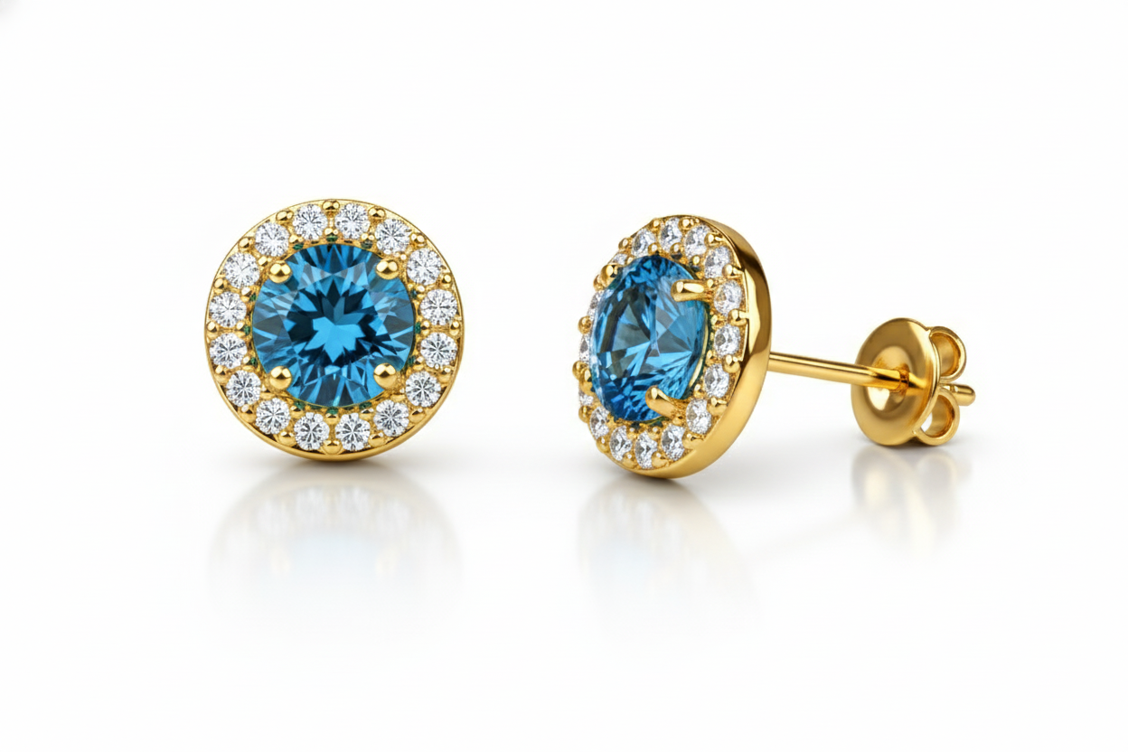14K Solid Yellow Gold Halo Stud Push Back Earrings
