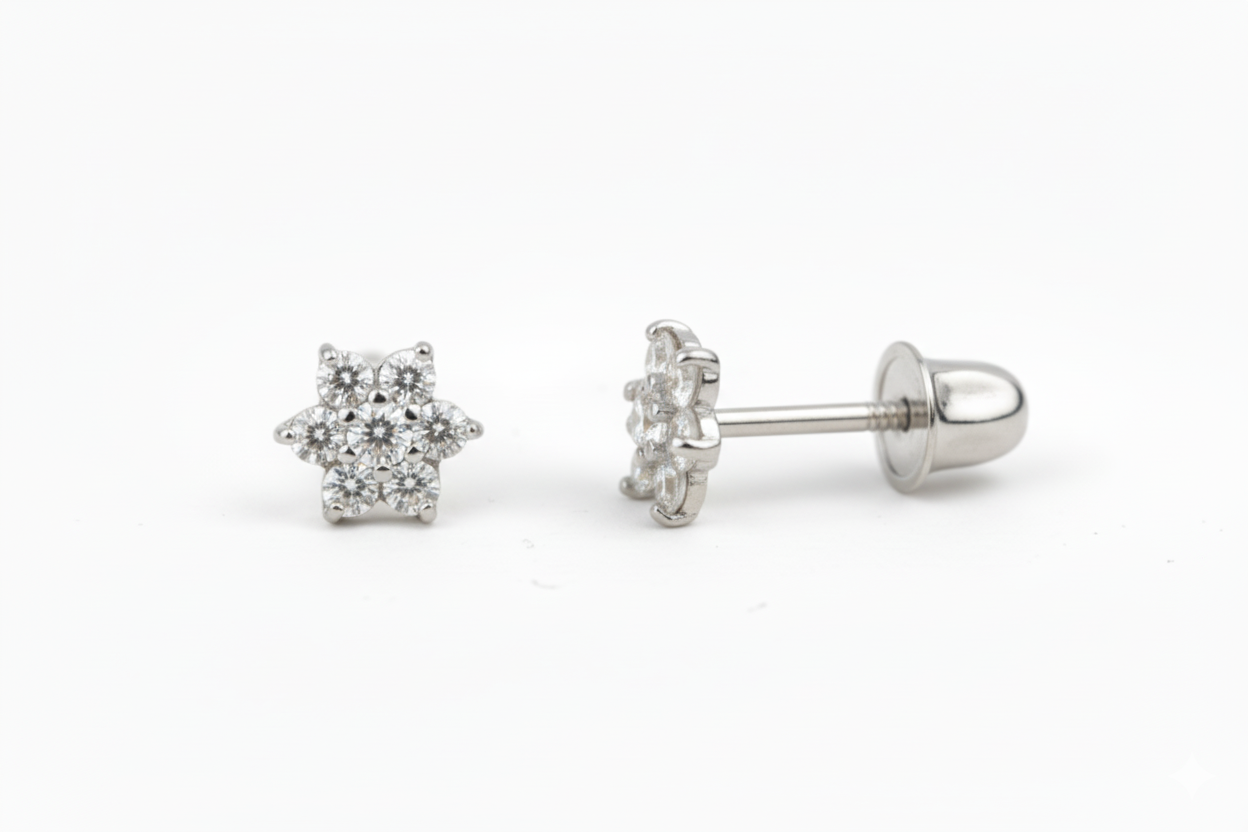 14K White Gold Classic Flower CZ  Stud Earrings for Women