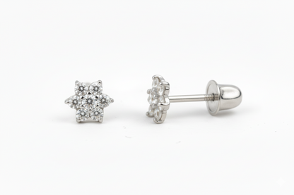 14K White Gold Classic Flower CZ  Stud Earrings for Women