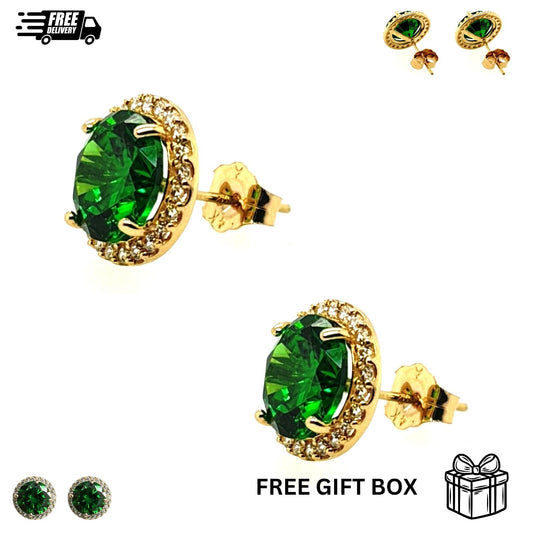 14K Solid Yellow Gold Halo Stud Push Back Earrings