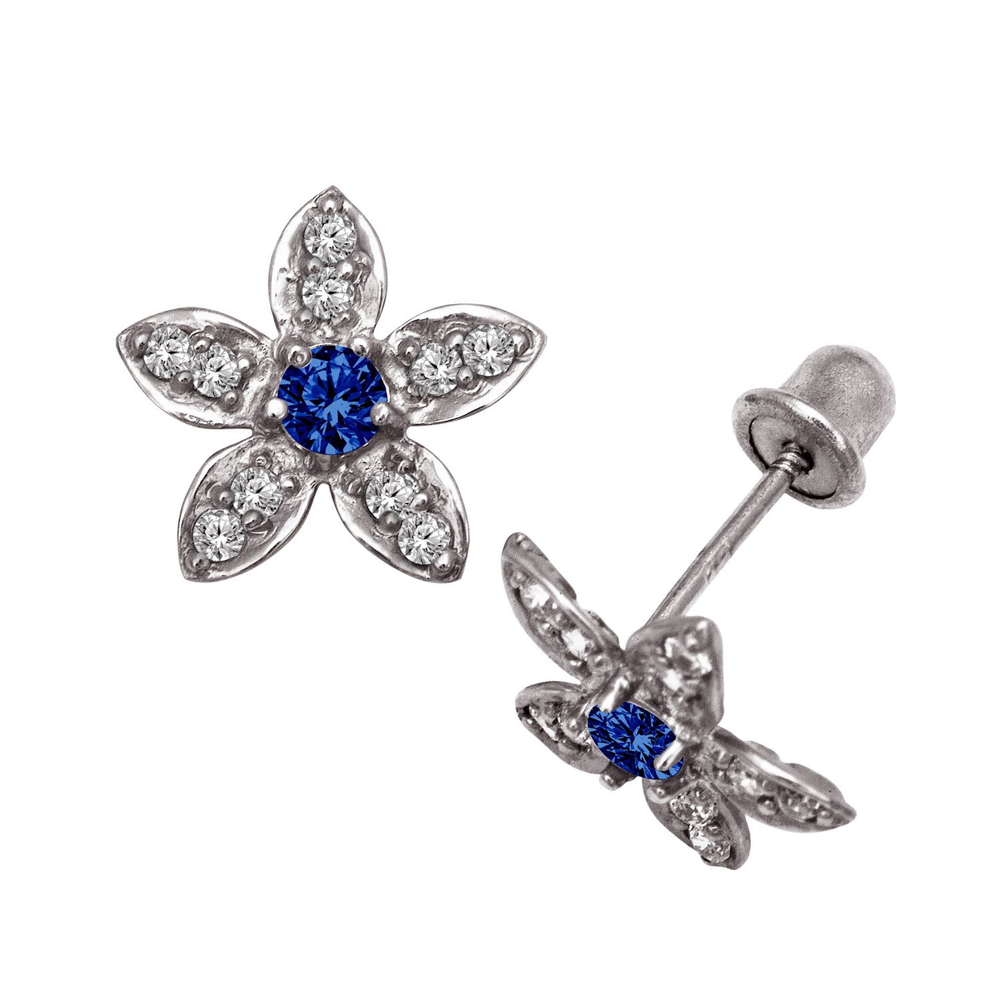 14k Yellow or White Gold CZ Flower Birthstone Stud Screw Back Earrings