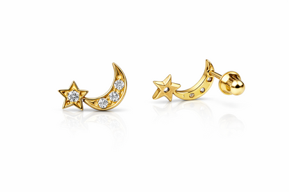 14k Yellow or White Gold Moon and Star Stud Earrings