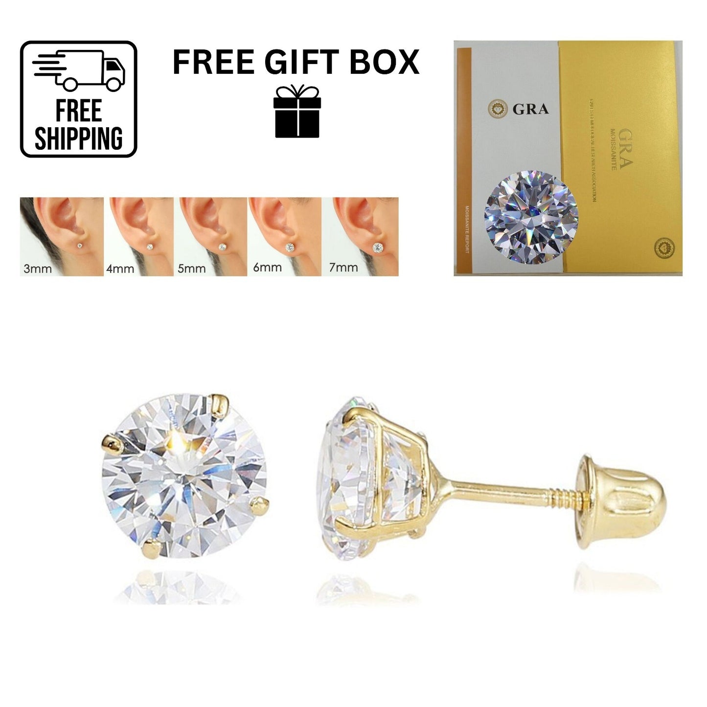 14K Gold GRA Certified D-VVS1 Round Moissanite Screw Back Studs Earrings
