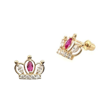 14K Solid Yellow Gold Crown Screw Back CZ Stud Earrings
