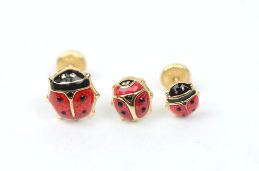 14k Yellow Gold Red and Black Enamel Lady Bug Baby earrings, Screw Back
