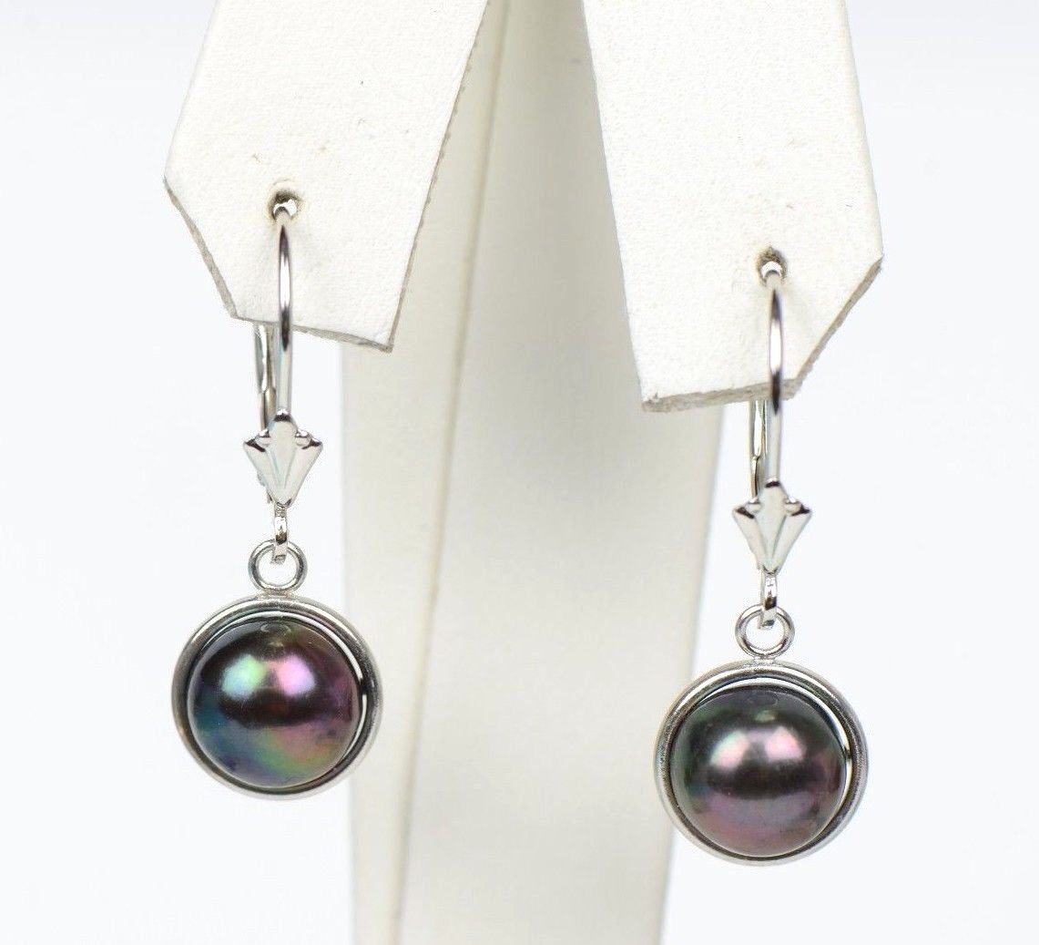 14k Yellow Gold Leverback Dangle Black Natural Pearl Earrings