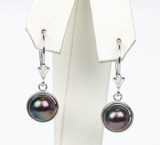 14k Yellow Gold Leverback Dangle Black Natural Pearl Earrings