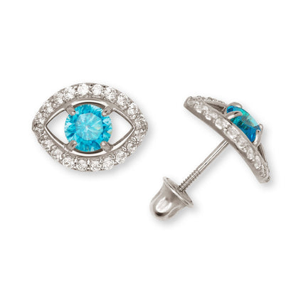 14K Yellow & White Gold CZ Evil Eye Stud Fashion Earrings for Women