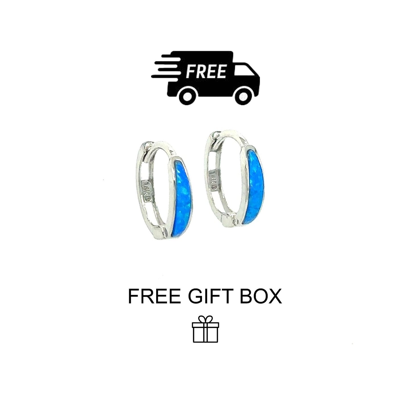 14k White Gold Dark Blue Opal Huggie Hoop Earrings
