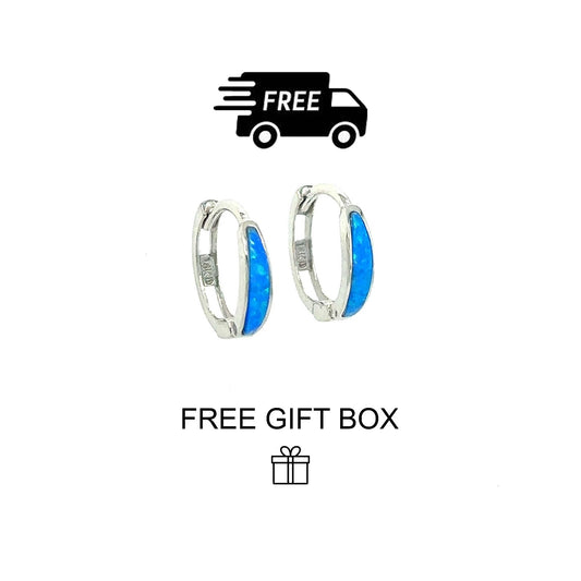 14k White Gold Dark Blue Opal Huggie Hoop Earrings