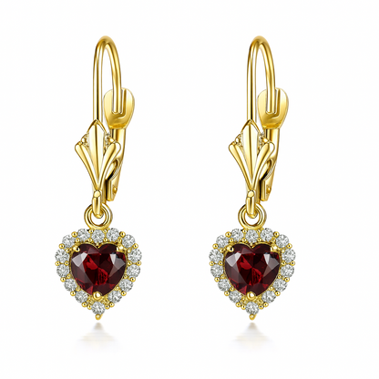 14k White Gold Halo Dangle Heart Leverback Pierced Earrings Birthstone