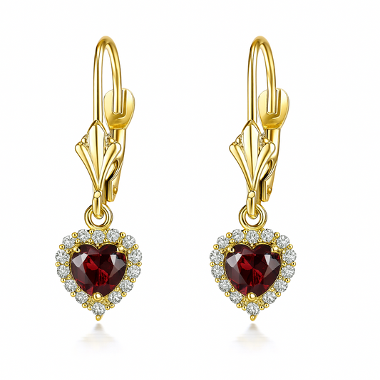 14k White Gold Halo Dangle Heart Leverback Pierced Earrings Birthstone