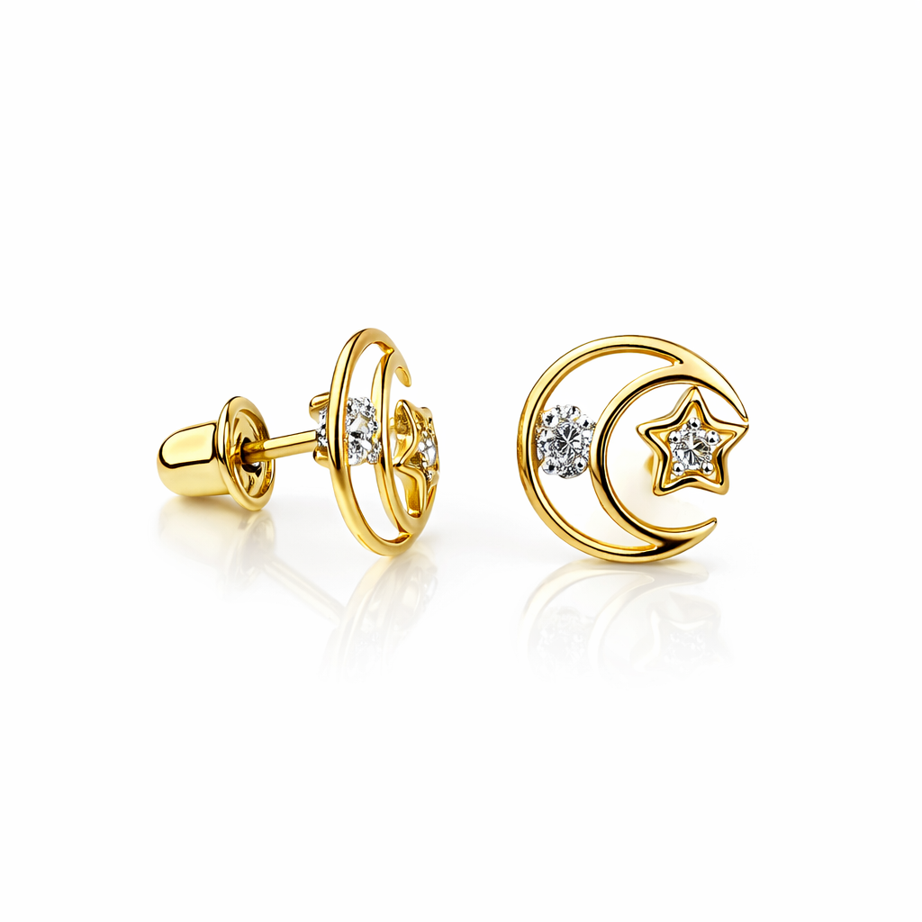 14k Yellow or White Gold Moon and Star CZ Stud Earrings
