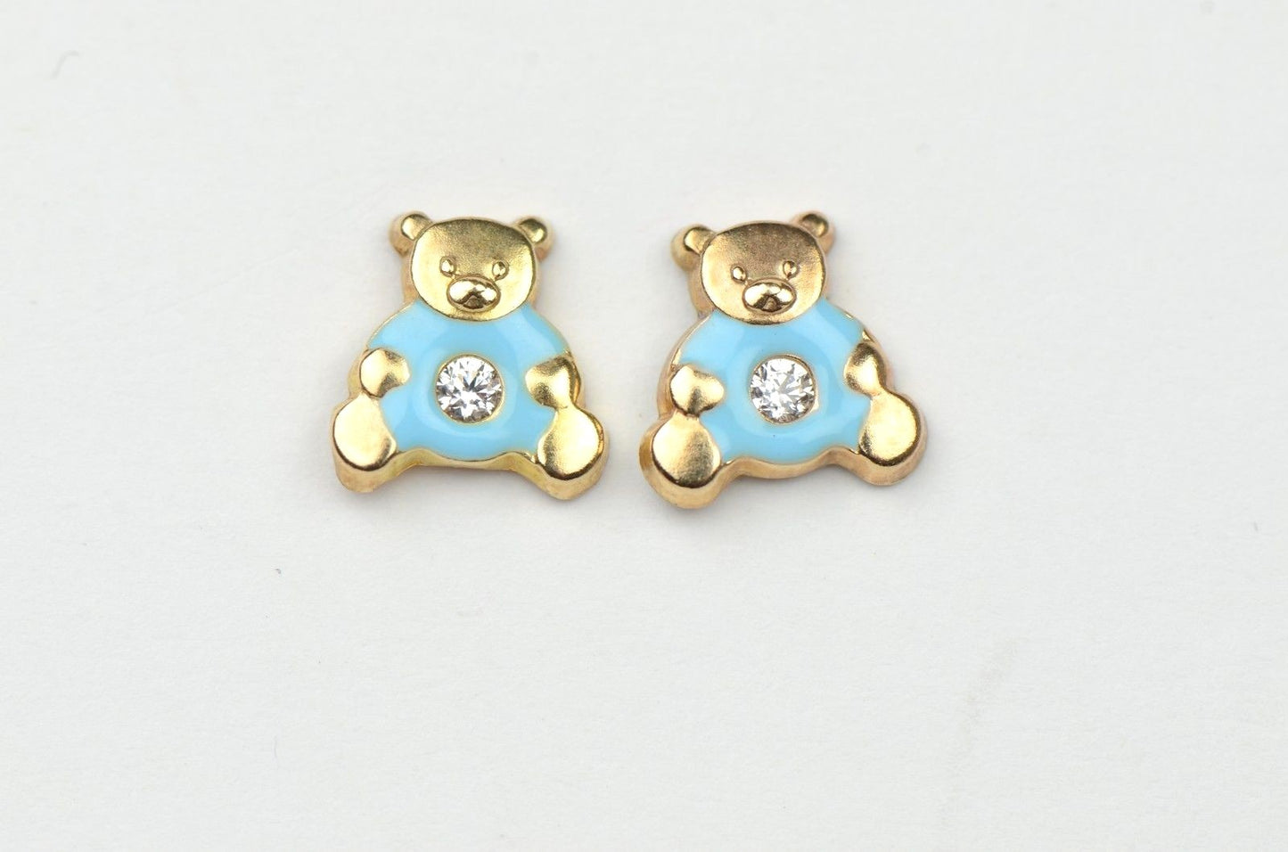 14k Yellow Gold Baby Enamel CZ Teddy Bear earrings, Screw Back