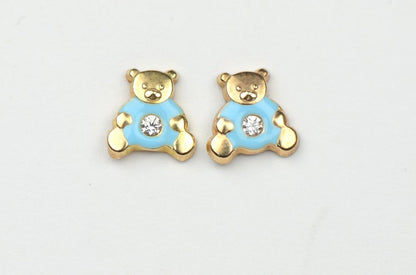 14k Yellow Gold Baby Enamel CZ Teddy Bear earrings, Screw Back