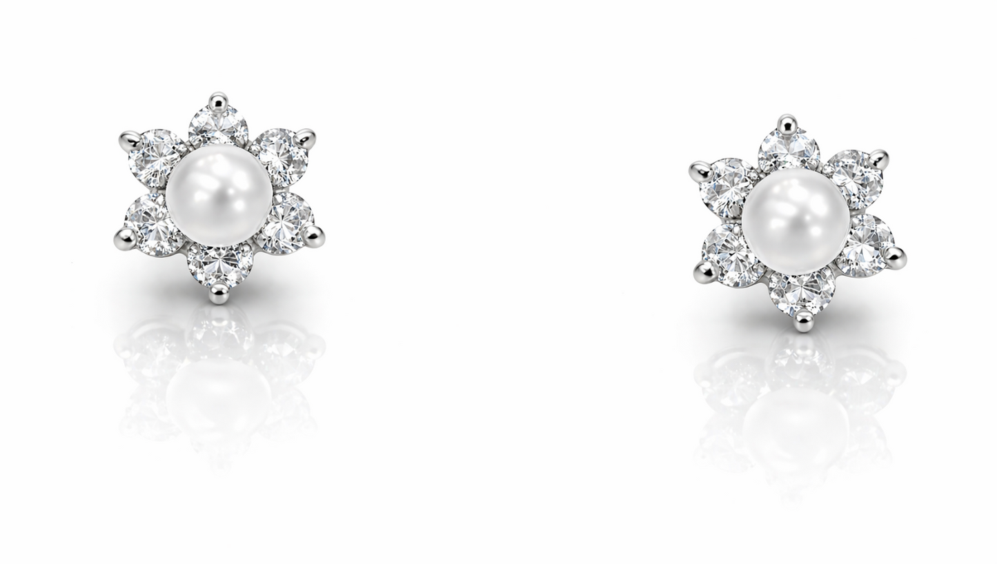 14k Yellow or White Gold Flower CZ Stud Earrings White Pearl with Screw Back