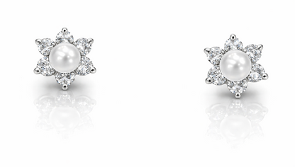 14k Yellow or White Gold Flower CZ Stud Earrings White Pearl with Screw Back