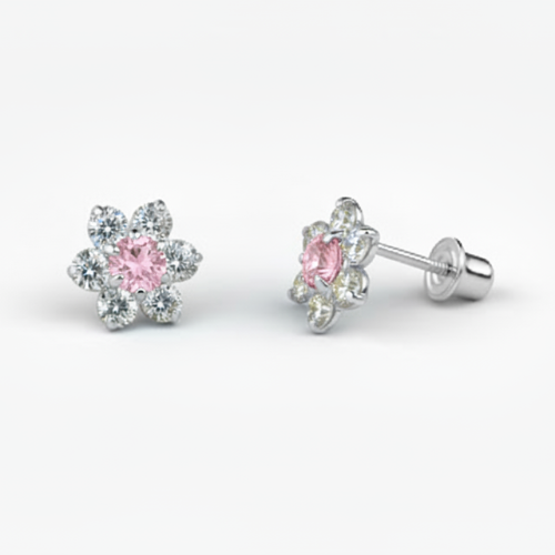 14K White Gold Beautiful Flower CZ Stud Earrings for Women
