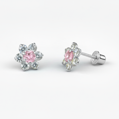 14K White Gold Beautiful Flower CZ Stud Earrings for Women