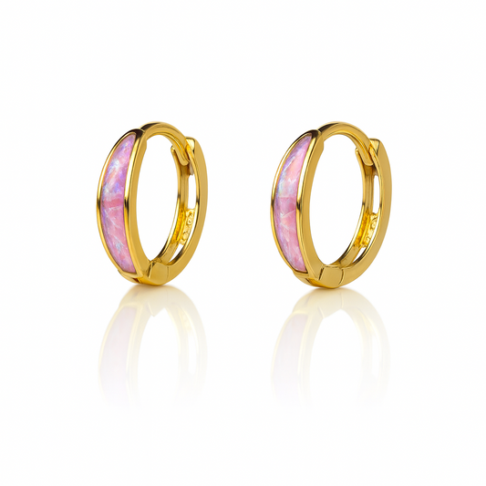 14k Yellow Gold Light Pink Opal Huggie Hoop Earrings
