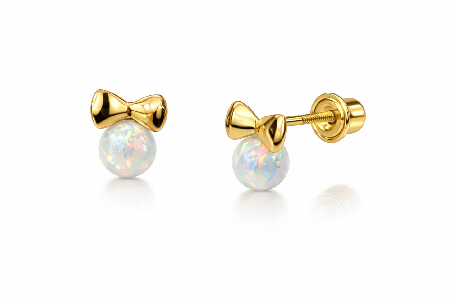 14k Yellow Gold Bow Tie Opal Stud Earrings/ Screw Back