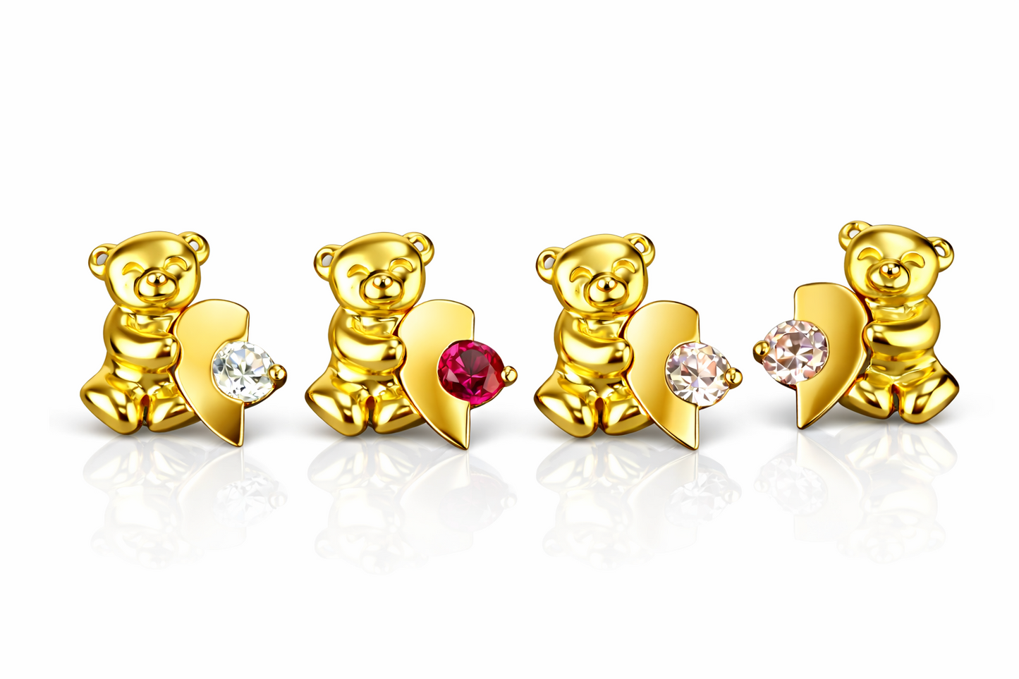 14k Yellow Gold CZ Heart Bear Stud Earring