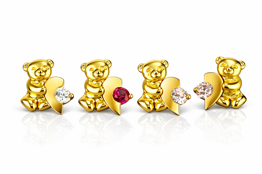 14k Yellow Gold CZ Heart Bear Stud Earring