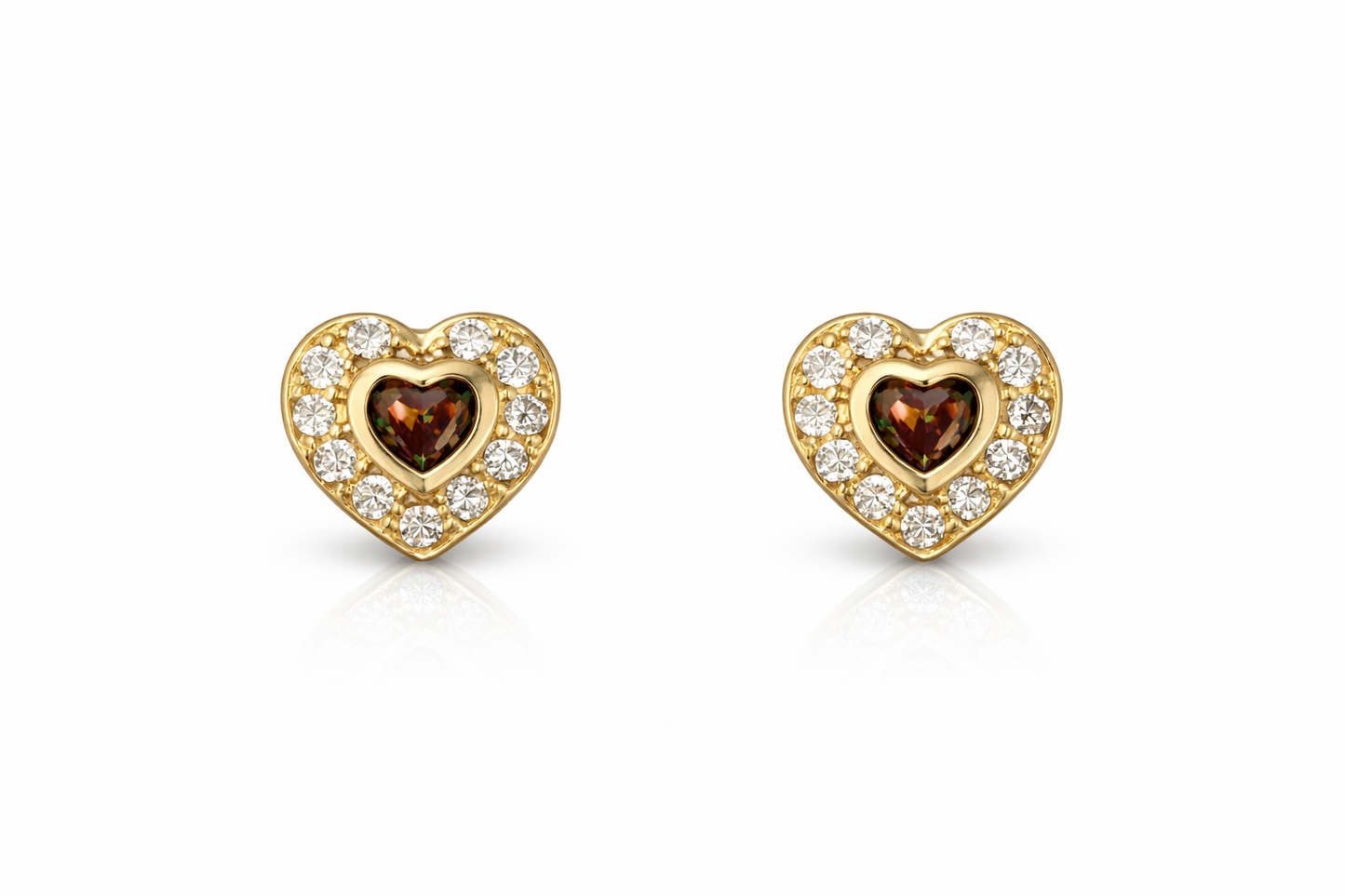 14K Yellow Gold Birthstone Heart with CZ Stud Earrings Screw Back