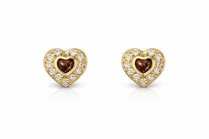 14K Yellow Gold Birthstone Heart with CZ Stud Earrings Screw Back