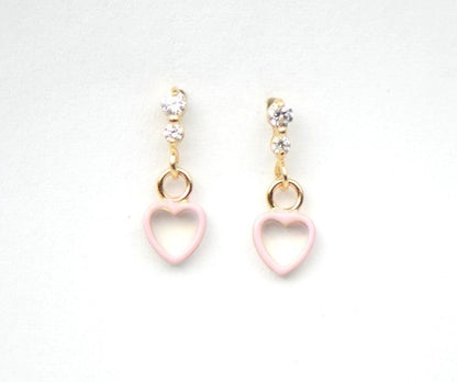 14K Solid Yellow Gold Heart Shape Dangle Earring with Enamel