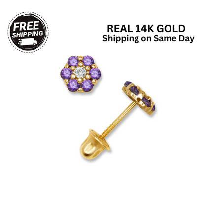 14K Yellow & White Gold Beautiful CZ Flower Stud Earrings for  Girls