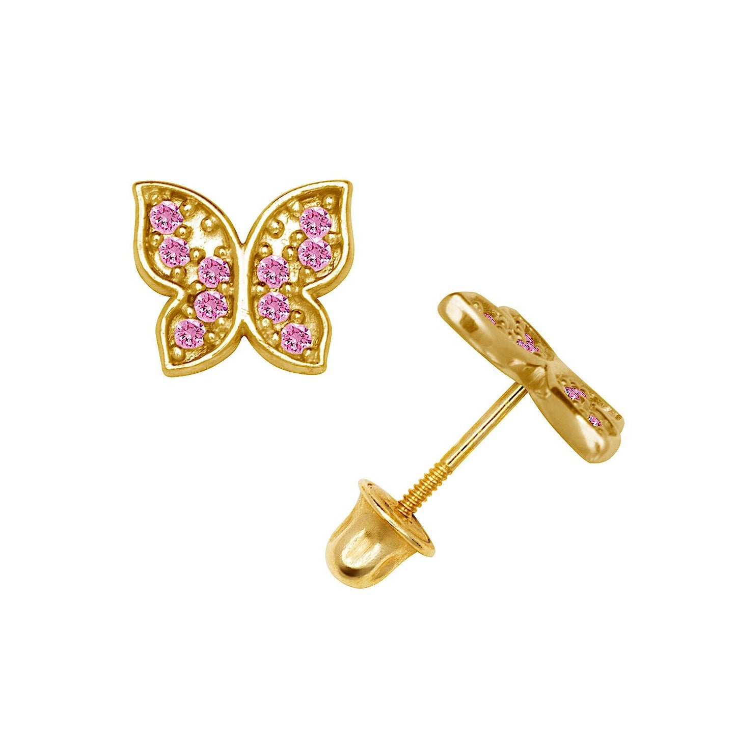 14K Yellow & White Gold CZ  Pretty Butterfly Studs Earrings for Girls