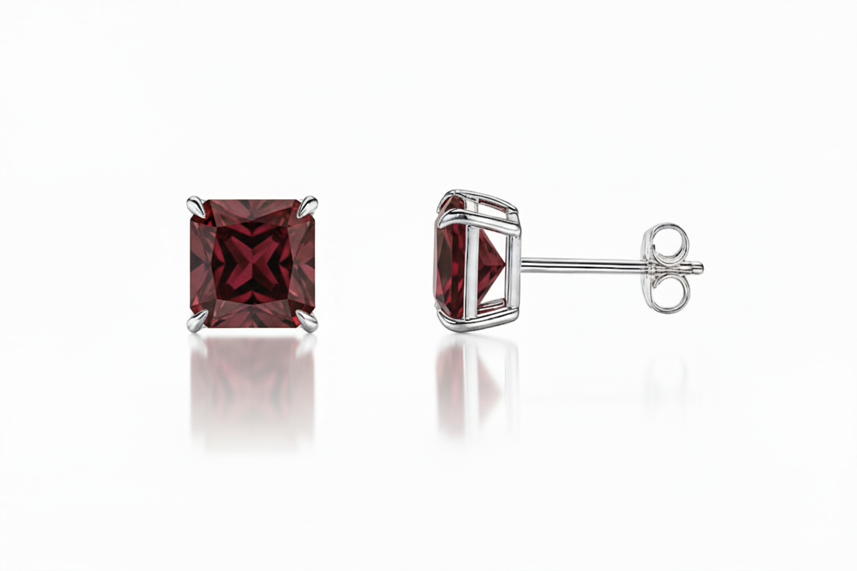 14k White Gold Solid Square Princess Cut Birthstone 6MM CZ Stud Earrings