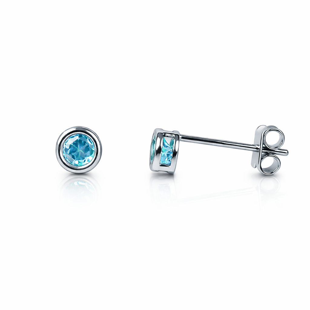 14K Round Bezel Set White Gold 3mm Birthstone Earrings