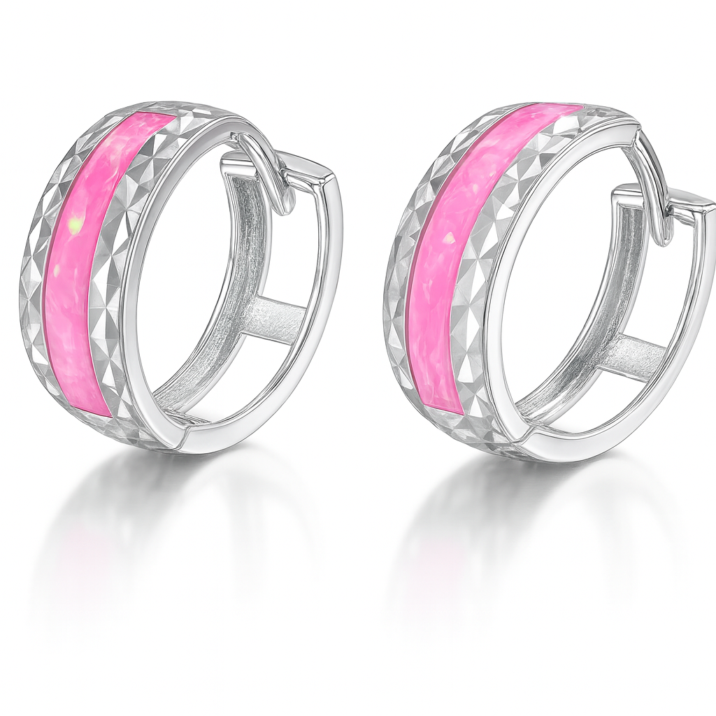 14k White Gold Hot Pink Opal Huggie Hoop Earrings