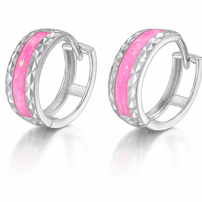 14k White Gold Hot Pink Opal Huggie Hoop Earrings