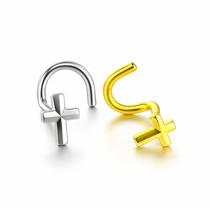 14k Yellow White Cross Nose Piercing CZ Stud