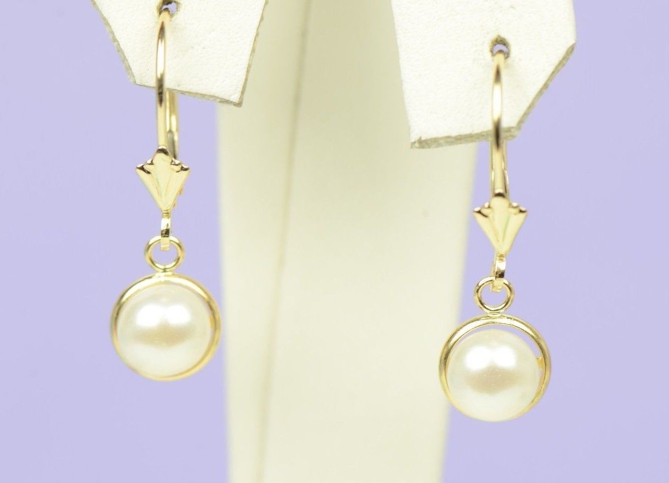 14k Yellow Gold Genuine White Natural Pearl Dangle Earrings